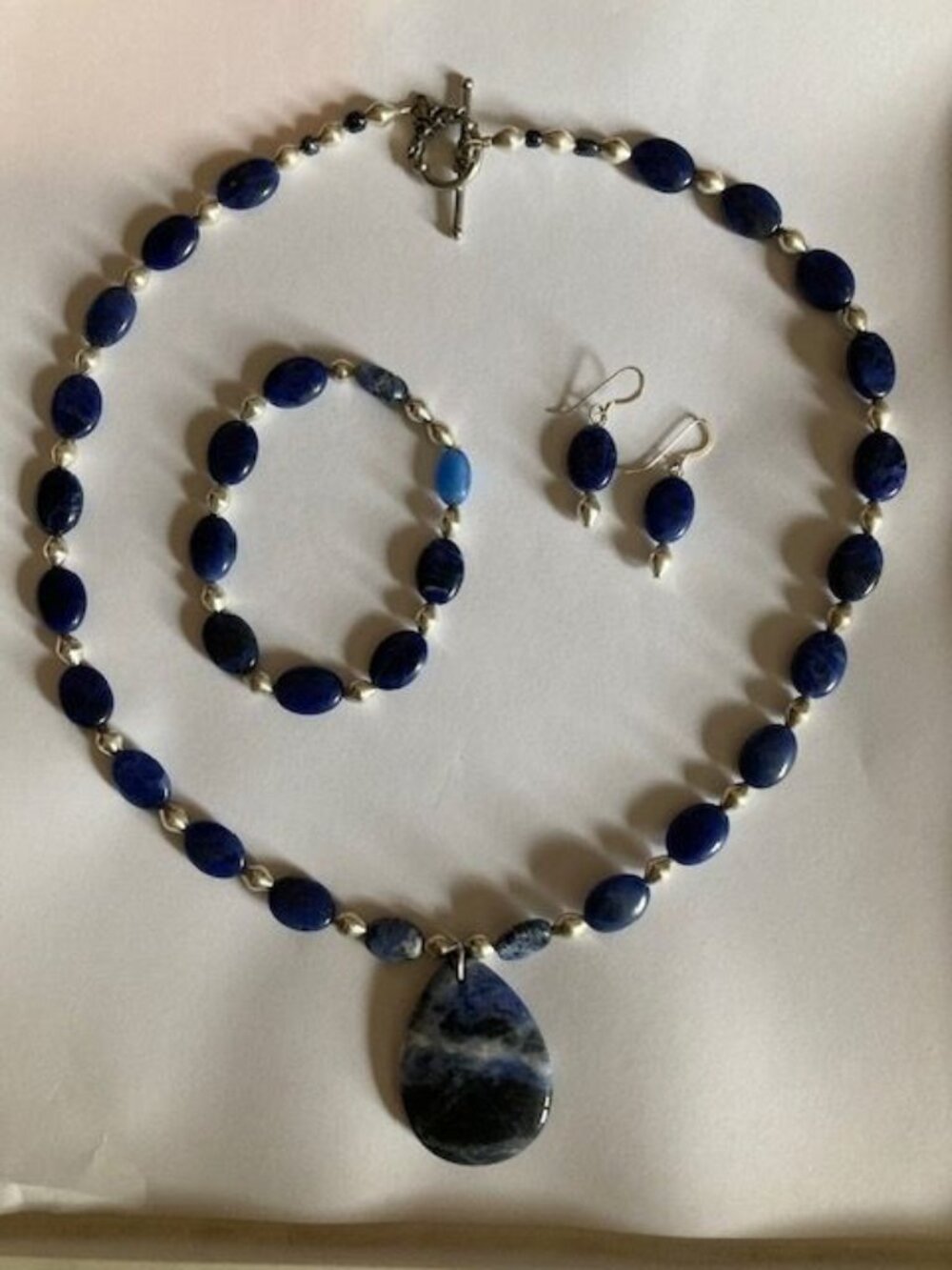 Blue Stone and Silver Beaded Necklace, Bracelet and Earring Set